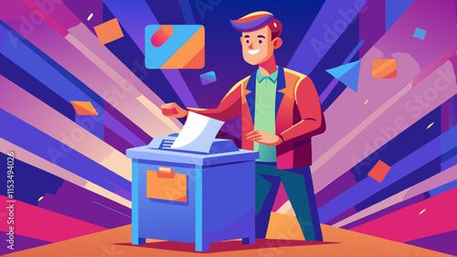 Man casting vote in election booth vector illustration. Citizen participating in democratic voting process, casting ballot in polling booth.
