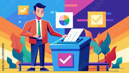 Man casting vote in election booth vector illustration. Citizen participating in democratic voting process, casting ballot in polling booth.
