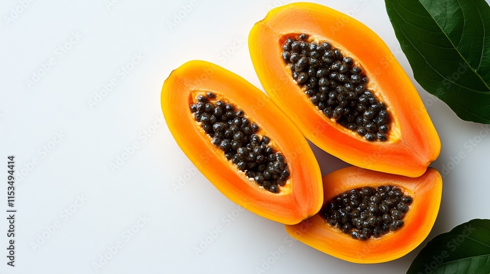 Three pieces of orange fruit with black seeds. The fruit is cut in half and the seeds are visible Three pieces of orange fruit with black seeds. The fruit is cut in half and the seeds are visible