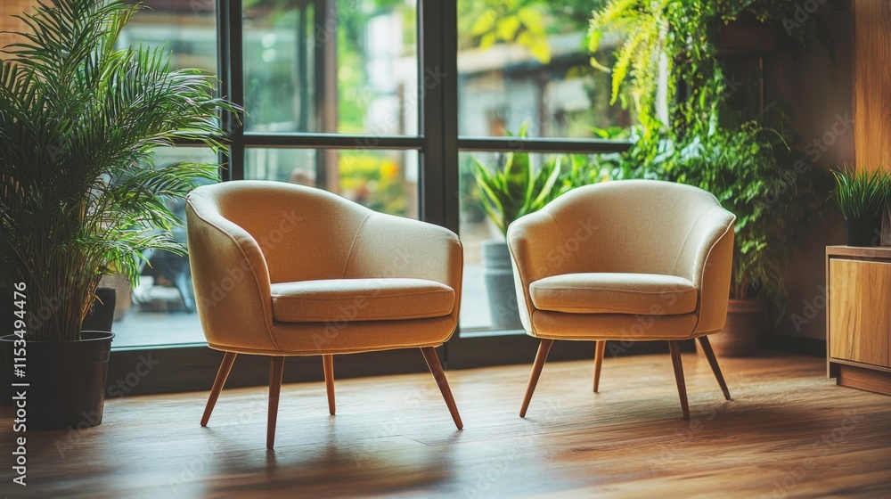 Two Beige Armchairs Near Large Window With Plants Two Beige Armchairs Near Large Window With Plants