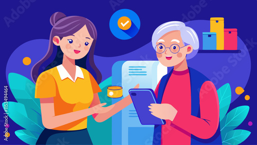 Young woman donating money via mobile banking app to elderly woman for charitable cause