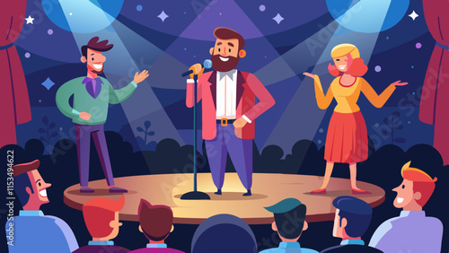 Comedians performing on stage with microphone engaging audience in stand-up comedy show.