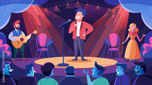 Comedians performing on stage with microphone engaging audience in stand-up comedy show.