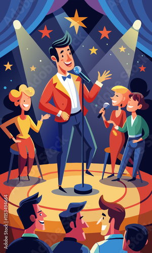 Comedians performing on stage with microphone engaging audience in stand-up comedy show.