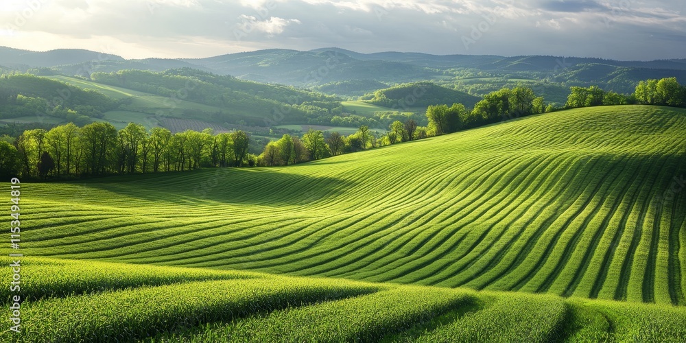 Vibrant spring green agricultural fields create a picturesque rural landscape, showcasing the beauty of nature and the freshness of spring in agricultural settings. Ideal for nature and farm themes. Vibrant spring green agricultural fields create a picturesque rural landscape, showcasing the beauty of nature and the freshness of spring in agricultural settings. Ideal for nature and farm themes.