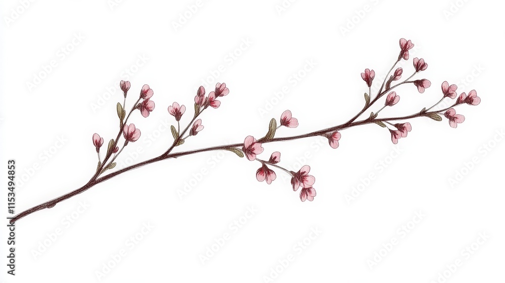 Delicate Blossom Branch with Soft Pink Flowers on White Background Delicate Blossom Branch with Soft Pink Flowers on White Background