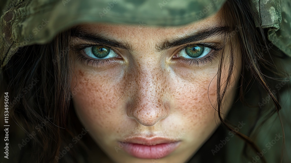 Person with green eyes, wearing a camouflaged hood, looking intensely at the camera with freckles Person with green eyes, wearing a camouflaged hood, looking intensely at the camera with freckles
