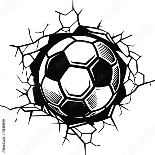 a black and white illustration of a soccer ball breaking through a crack
