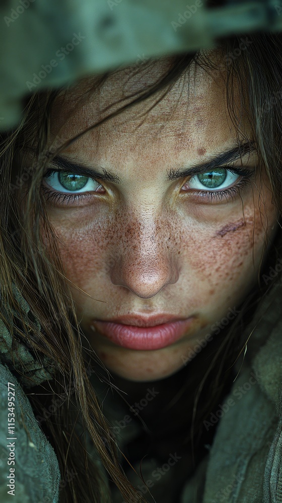 Person with intense green eyes, freckles, and serious expression, looking directly, surrounded by dark shadows Person with intense green eyes, freckles, and serious expression, looking directly, surrounded by dark shadows