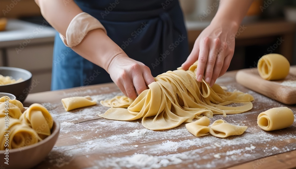 A close-up shot of a person's hands making fresh homemade pasta on a wooden surface. The hands are kneading and rolling out the dough, creating long strands of pasta A close-up shot of a person's hands making fresh homemade pasta on a wooden surface. The hands are kneading and rolling out the dough, creating long strands of pasta