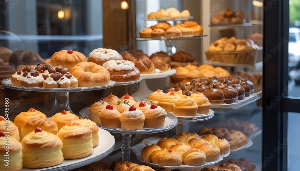 Assorted pastries displayed in a bakery window , with other pastries and sweets visible in the background Assorted pastries displayed in a bakery window , with other pastries and sweets visible in the background