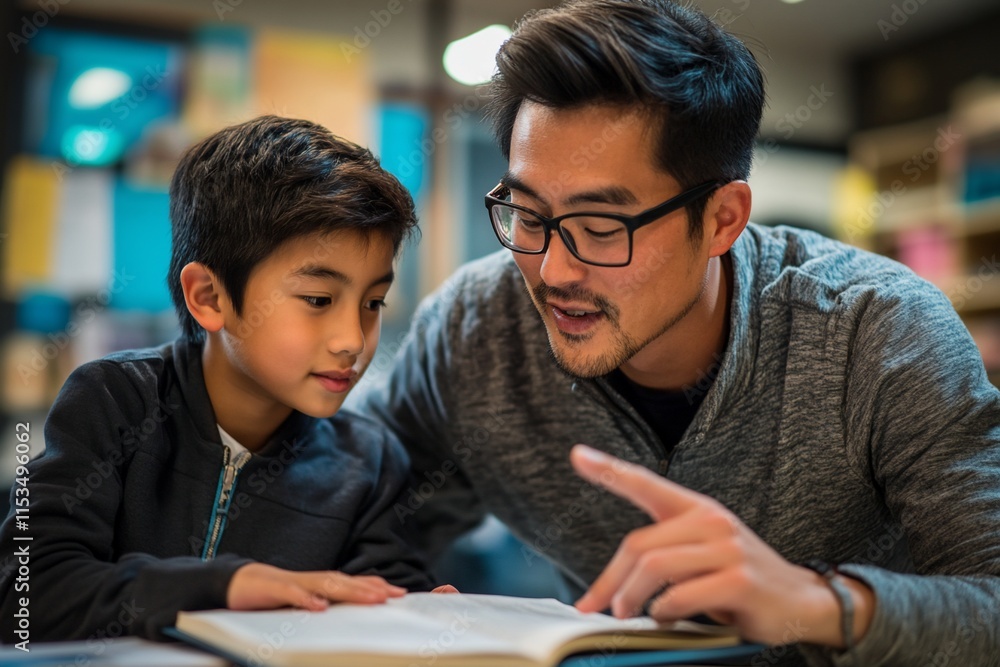 Father and son reading book together. Father and son reading book together.