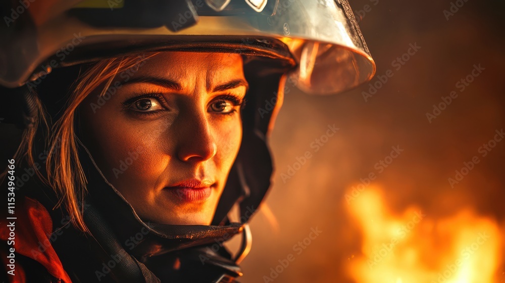 Female firefighter wearing protective gear in the midst of an emergency scene, expression of strength and determination, dynamic and dramatic lighting, concept of rescue operations, firefighting Female firefighter wearing protective gear in the midst of an emergency scene, expression of strength and determination, dynamic and dramatic lighting, concept of rescue operations, firefighting