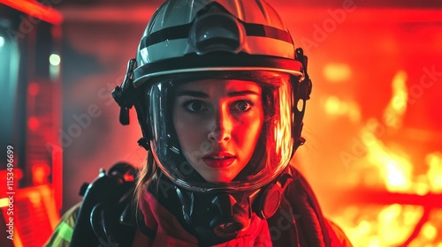 Female firefighter wearing protective gear in the midst of an emergency scene, expression of strength and determination, dynamic and dramatic lighting, concept of rescue operations, firefighting photo