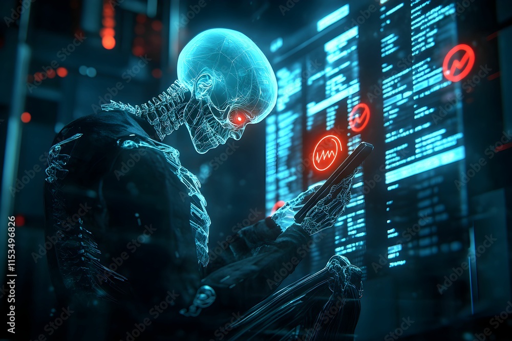 Obraz premium Digital skeleton in ethereal blue surrounded by technology and data screens