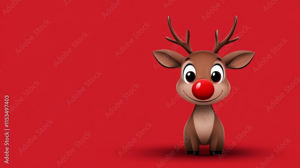 Cartoon reindeer with a red nose is standing on a red background. The image conveys a festive and joyful mood, as it is likely associated with the holiday season Cartoon reindeer with a red nose is standing on a red background. The image conveys a festive and joyful mood, as it is likely associated with the holiday season