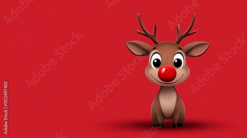 Cartoon reindeer with a red nose is standing on a red background. The image conveys a festive and joyful mood, as it is likely associated with the holiday season