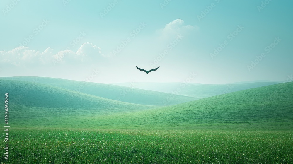 Majestic bird soaring over lush green hills Majestic bird soaring over lush green hills