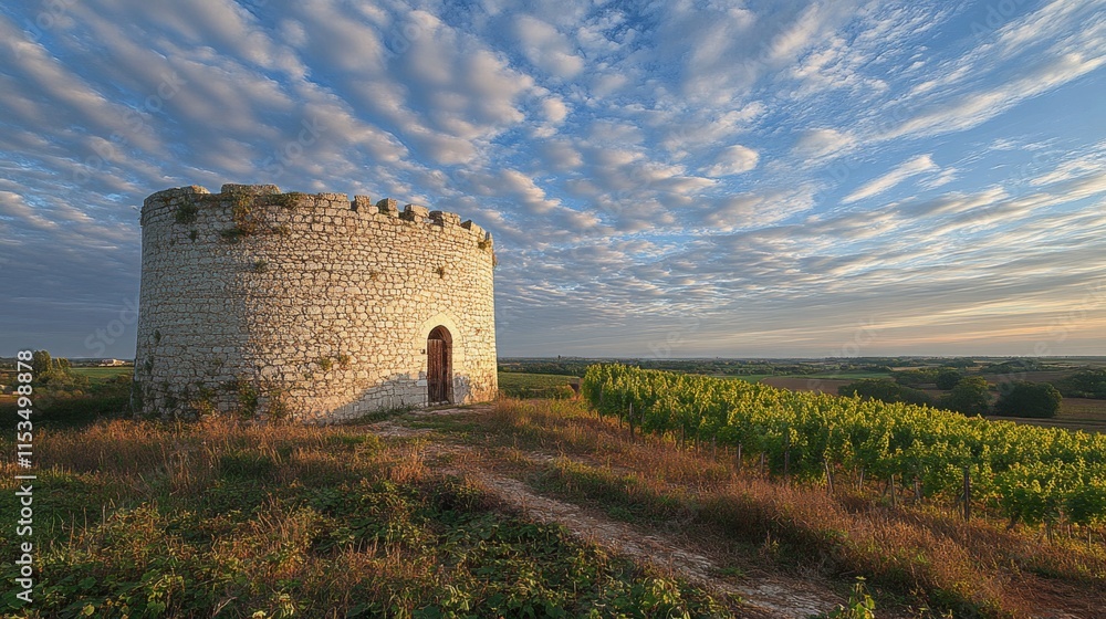 Ancient Stone Tower Overlooking Vineyard Landscape Ancient Stone Tower Overlooking Vineyard Landscape