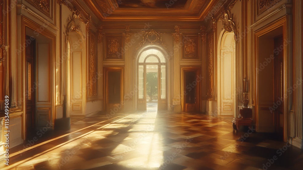 Sunlit Grand Hall With Ornate Gold Details And French Doors Sunlit Grand Hall With Ornate Gold Details And French Doors