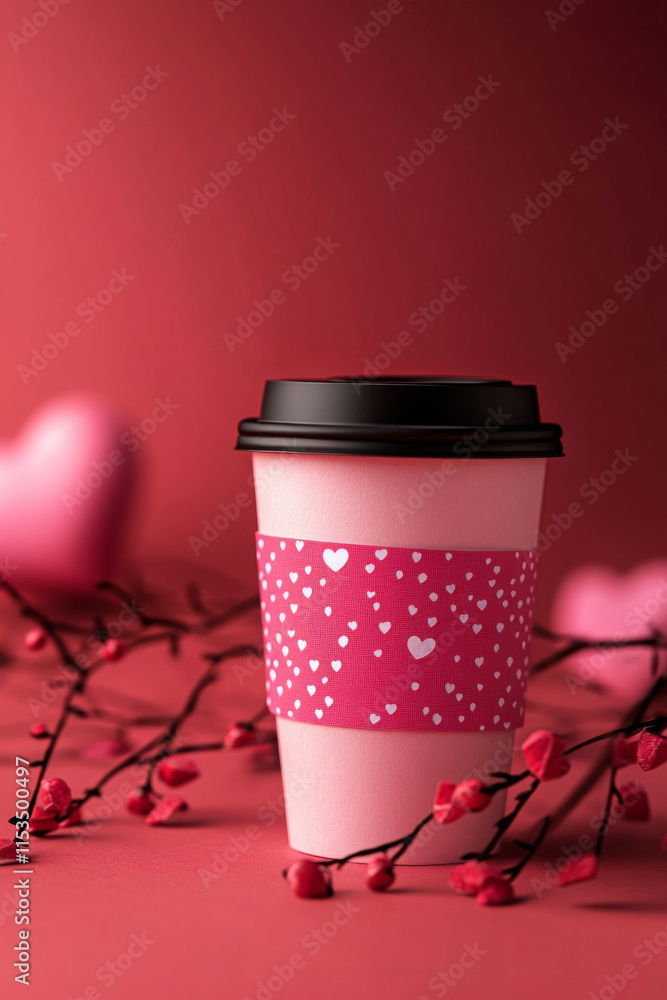 pink coffee cup with heart design, surrounded by decorative branches
