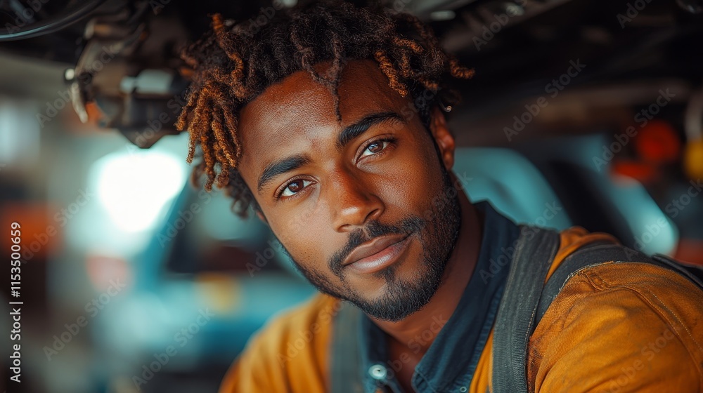 Person with curly hair and a beard, wearing work clothes, is standing under a vehicle in a garage Person with curly hair and a beard, wearing work clothes, is standing under a vehicle in a garage