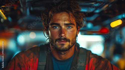 Man with tousled hair and a serious expression, sitting in a dimly lit, colorful environment