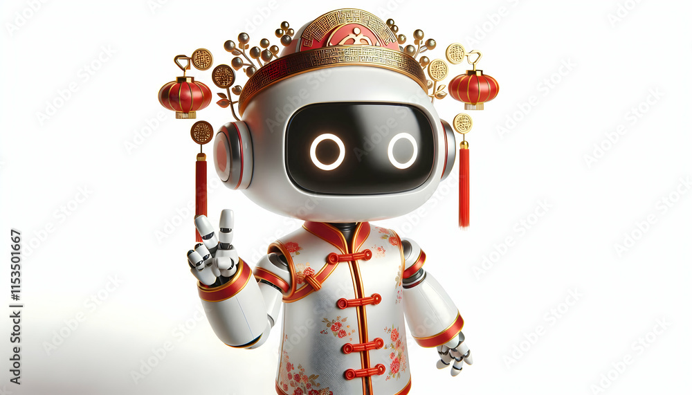3D Robot in Traditional Chinese Attire Portrait with Copy Space for Text or Branding 3D Robot in Traditional Chinese Attire Portrait with Copy Space for Text or Branding