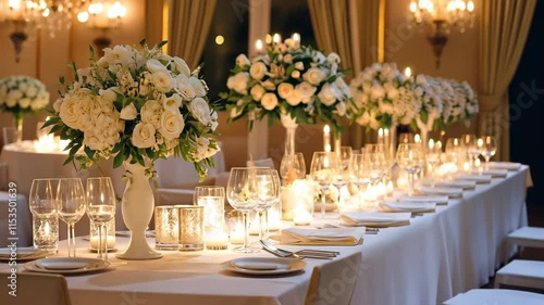 White floral arrangements and candles adorning a long table for a wedding reception in a luxurious venue, exuding sophistication and romance