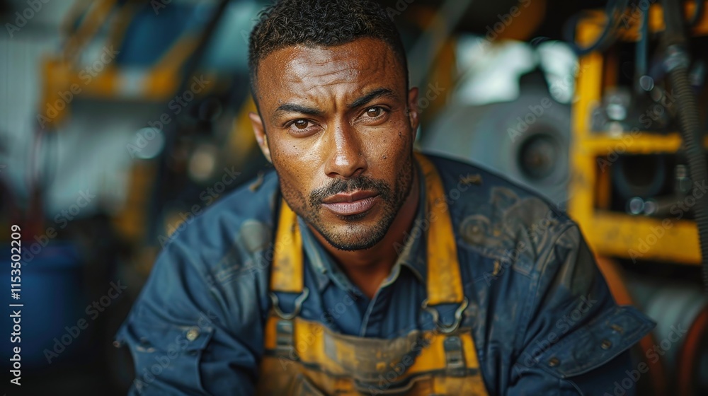 Man wearing a work uniform, covered in dirt, poses confidently in an industrial setting with machinery in the background Man wearing a work uniform, covered in dirt, poses confidently in an industrial setting with machinery in the background