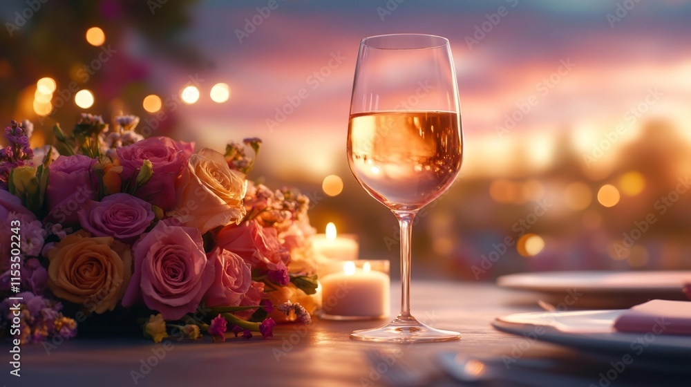 Wedding floral centerpiece with candles and wine glass. Generative AI Wedding floral centerpiece with candles and wine glass. Generative AI