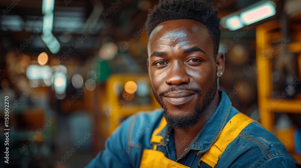 Man wearing a denim shirt and yellow apron smiles confidently in an industrial workshop with blurred background lights Man wearing a denim shirt and yellow apron smiles confidently in an industrial workshop with blurred background lights