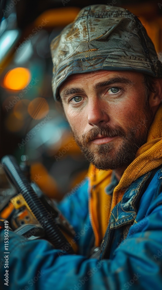Person with a beard wearing a textured cap and a yellow hoodie, sitting in a vehicle, looking intently Person with a beard wearing a textured cap and a yellow hoodie, sitting in a vehicle, looking intently