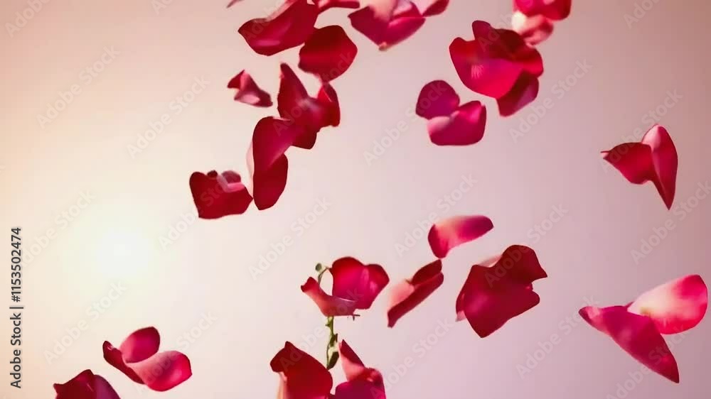 Red rose petals falling on a light pink background. Red rose petals falling on a light pink background.