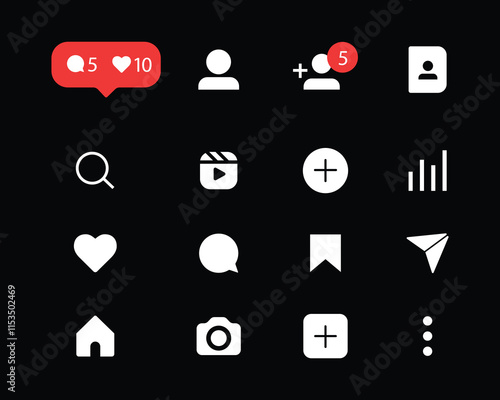 Social media Interface Icons set. Black and white social Media Icon. Home, Search, Upload, Reels, Profil,  other. Web Flat Icon