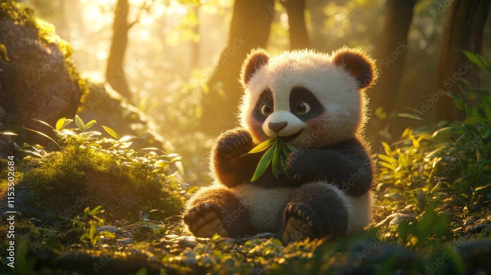 Adorable Baby Panda Eating Bamboo In A Sunny Forest Adorable Baby Panda Eating Bamboo In A Sunny Forest