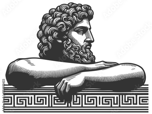 bearded man Greek statue, resting on a geometric-patterned base sketch engraving generative ai fictional character vector illustration. Scratch board imitation. Black and white image.