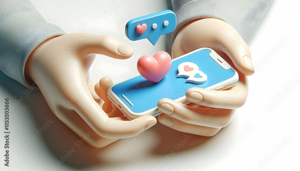 3D Close up of Hands Sending a Heart Emoji via Smartphone concept as A macro close up of hands holding a smartphone while sending a heart emoji in a messaging app. The image represents personal connec 3D Close up of Hands Sending a Heart Emoji via Smartphone concept as A macro close up of hands holding a smartphone while sending a heart emoji in a messaging app. The image represents personal connec