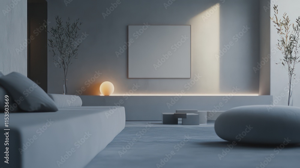 Fototapeta premium A minimalist living room featuring a subtle gray palette, soft textures, and clean geometric furniture design