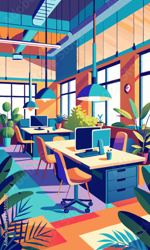 Modern open-plan office with stylish desks, ergonomic chairs, and lush green plants. Contemporary coworking space designed for collaboration, teamwork, and productivity in a sleek business environment