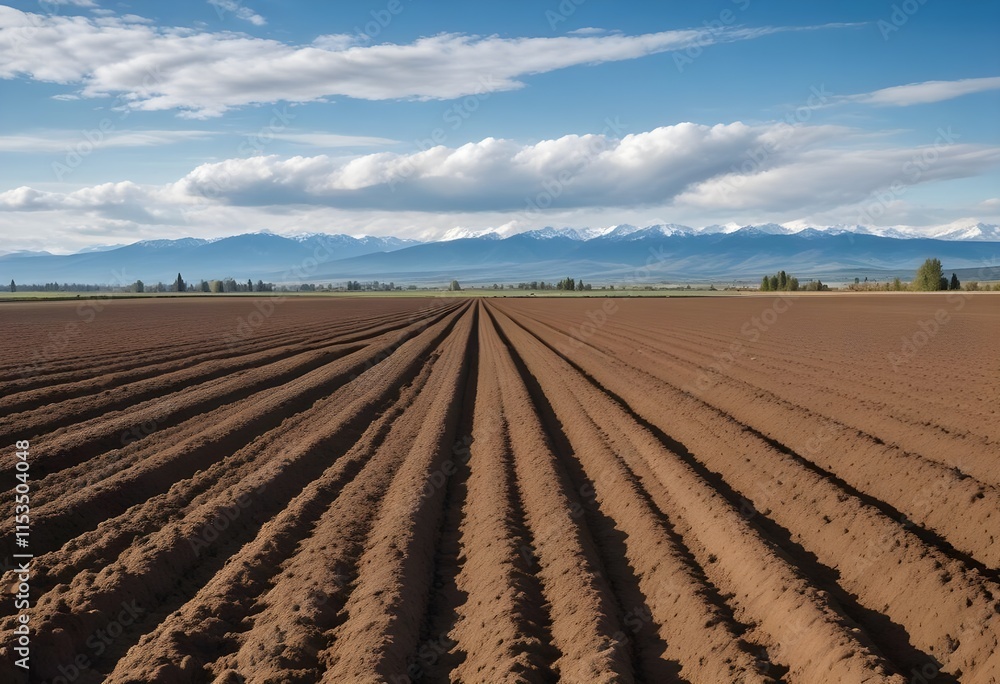 A vast agricultural field with rows of freshly plowed soil stretching out towards distant mountains under a cloudy blue sky