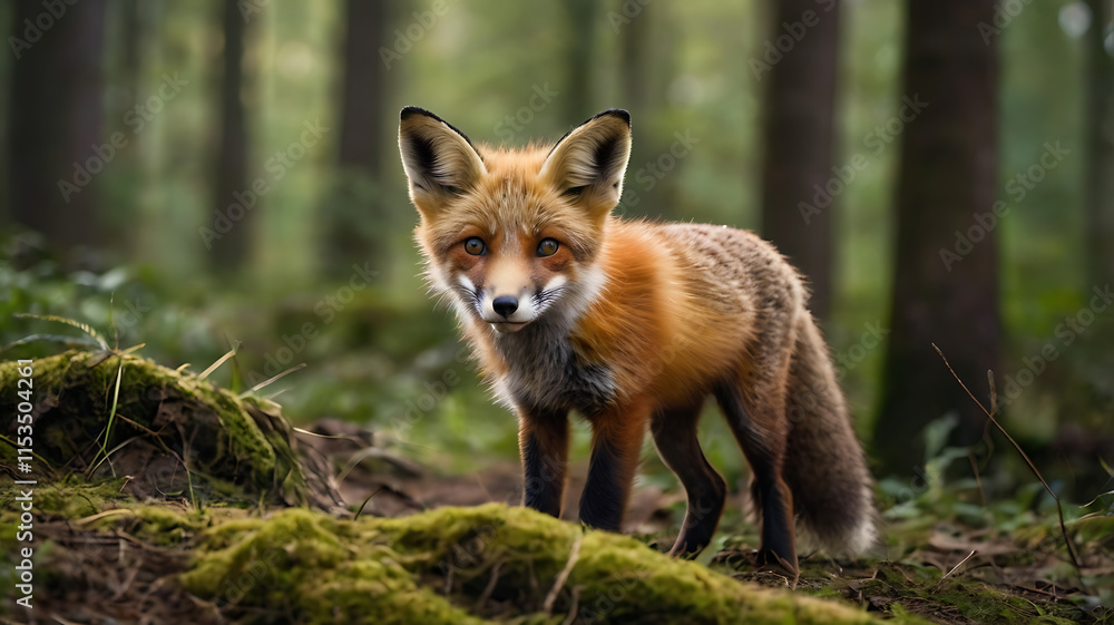 Fototapeta premium It has brown fur and is looking at the camera. Red fox, vulpes vulpes, small young cub in forest . Wildlife scene from nature