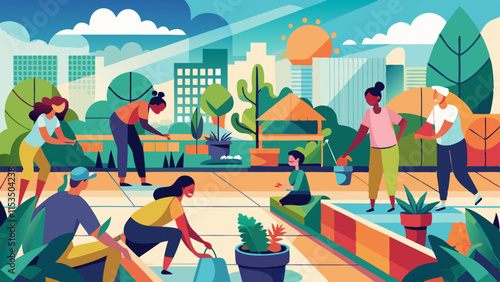 Rooftop garden with diverse people planting and watering plants in urban green space. Community enjoying sustainable gardening on city rooftop terrace.