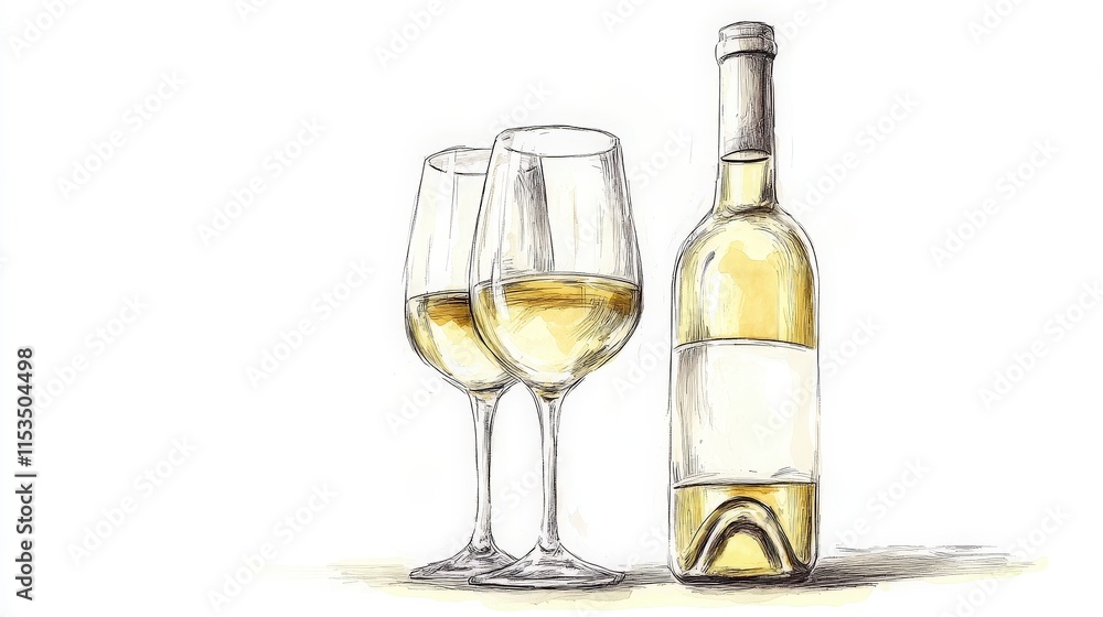 Elegant White Wine Bottle and Two Glasses on Simple Background Elegant White Wine Bottle and Two Glasses on Simple Background