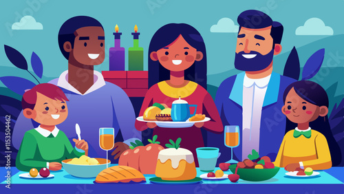 Familia multicultural disfrutando juntos de una cena festiva en casa. Generaciones se reunieron alrededor de la mesa compartiendo comida tradicional, celebrando con risas y conversaciones.