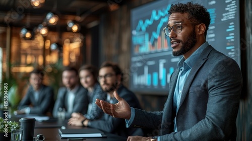 Professional business presentation with diverse group of colleagues in a modern office environment, showcasing teamwork and data analysis in a collaborative setting