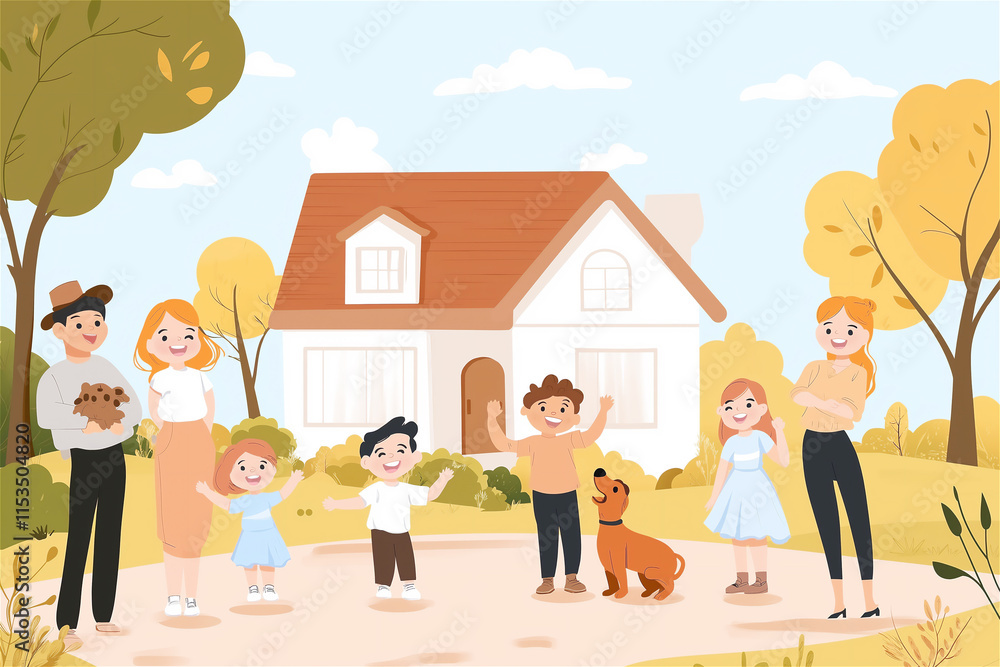 A lively group illustration of a multigenerational family gathering in front of a house on a sunny day, capturing joy and unity with bright colors and details. A lively group illustration of a multigenerational family gathering in front of a house on a sunny day, capturing joy and unity with bright colors and details.