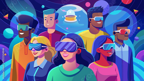 Personas diversas que exploran la realidad virtual con cascos de realidad virtual, jóvenes profesionales y estudiantes que experimentan el metaverso.