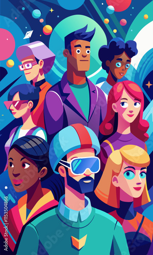 Personas diversas que exploran la realidad virtual con cascos de realidad virtual, jóvenes profesionales y estudiantes que experimentan el metaverso.