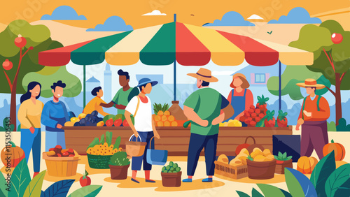Bullicioso mercado de granjas orgánicas con verduras y frutas frescas y clientes satisfechos comprando a vendedores locales.